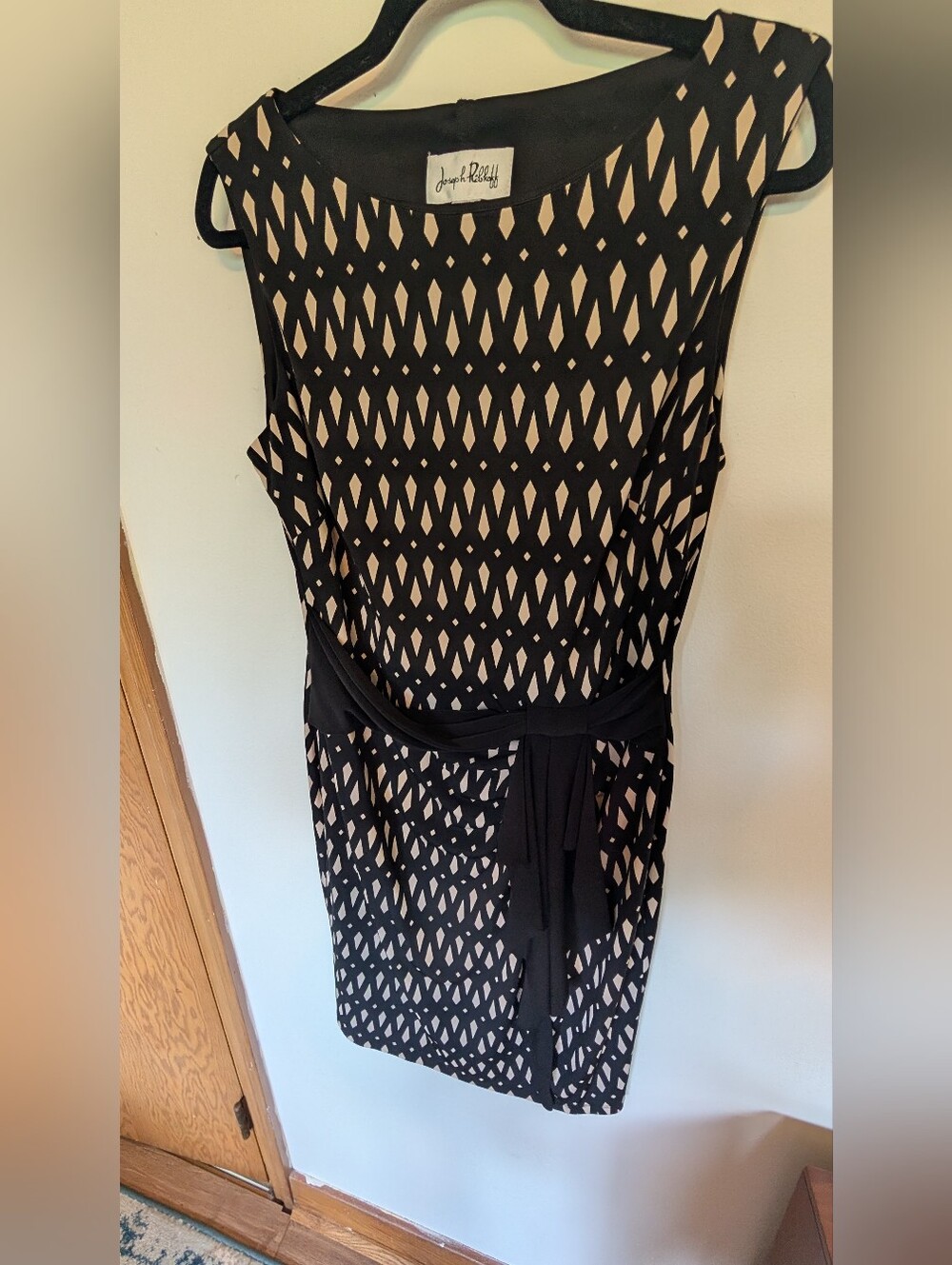 Joseph Ribkoff York Black and Cream Sleeveless Sheath Dress with Waist Tie